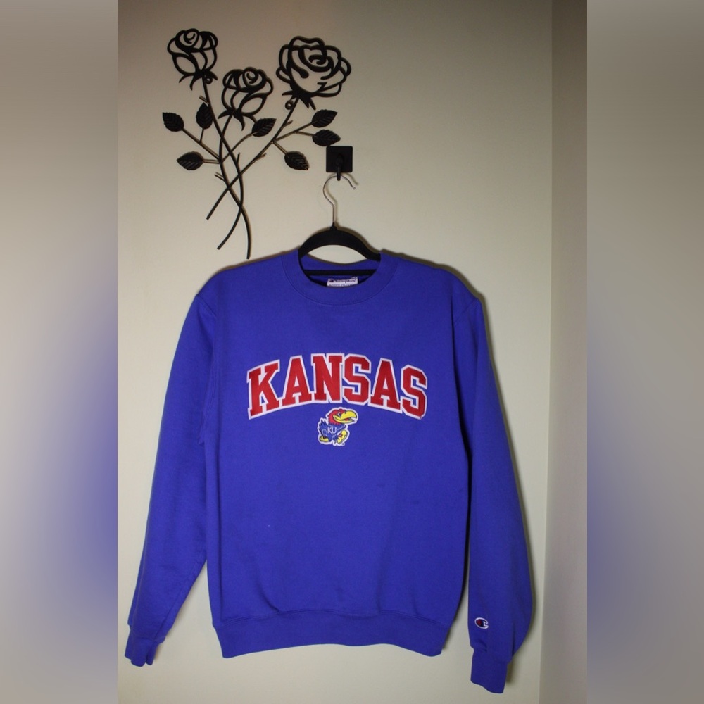 Kansas Jayhawks Mens Sweater Blue Spell Out Crew Neck Pullover Men's Size Small